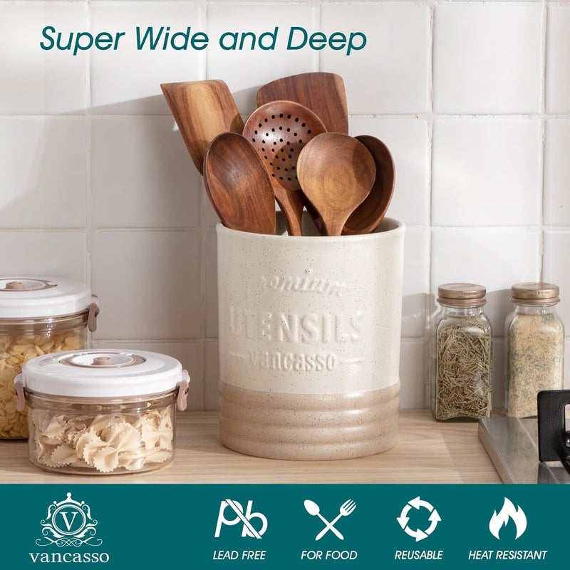 vancasso Sabine Utensil Holder, 7.2" Large Utensil Crock for Kitchen Counter, Ceramic Utensil Crock Storage, Matte Cream-Colored Farmhouse Utensil Organizer, Utensil Storage for Home Décor, Gifts - Image 4